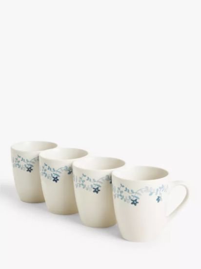 Floral Print Porcelain Mug, Set of 4, 350ml, Blue